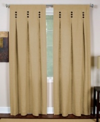 A streamlined design with inverted pleats gives the Murano window treatment a modern sensibility. Wooden buttons stacked in sets of three accent this linen-like panel in solid neutral shades. With back tabs for easy hanging and a sleek finish. A streamlined design with inverted pleats gives the Murano window treatment a modern sensibility. Wooden buttons stacked in sets of three accent this linen-like panel in solid neutral shades. With back tabs for easy hanging and a sleek finish.