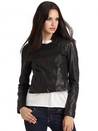 THE LOOKTopstitched collarAsymmetrical front zipperDual zip pocketsLong sleeves with rib-knit insetsTHE FITAbout 18½ from shoulder to hemTHE MATERIALLambskinKnit trim: cotton/polyesterCotton liningCARE & ORIGINDry clean by a leather specialistImportedModel shown is 5'10 (177cm) wearing US size Small. THE LOOKTopstitched collarAsymmetrical front zipperDual zip pocketsLong sleeves with rib-knit insetsTHE FITAbout 18½ from shoulder to hemTHE MATERIALLambskinKnit trim: cotton/polyesterCotton liningCARE & ORIGINDry clean by a leather specialistImportedModel shown is 5'10 (177cm) wearing US size Small.