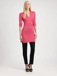 Finespun silk in a cable-knit silhouette, finished with a refined, henley-style neckline.V necklineThree-quarter sleevesAllover cablesRib-knit cuffs and hemSilkDry cleanImportedModel shown is 5'10 (177cm) wearing US size Small. Finespun silk in a cable-knit silhouette, finished with a refined, henley-style neckline.V necklineThree-quarter sleevesAllover cablesRib-knit cuffs and hemSilkDry cleanImportedModel shown is 5'10 (177cm) wearing US size Small.