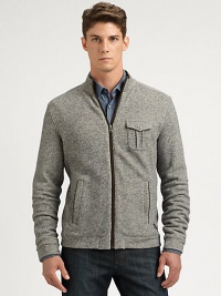 Soft suede elbow patches and slub knit texture lends heritage appeal to a slim-fitting sweater jacket.Zip-frontChest flap, side slash pocketsBanded cuffs and hemCottonMachine washImported Soft suede elbow patches and slub knit texture lends heritage appeal to a slim-fitting sweater jacket.Zip-frontChest flap, side slash pocketsBanded cuffs and hemCottonMachine washImported