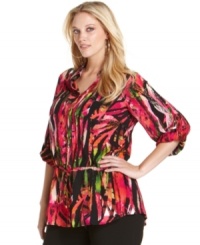 Infuse tropical zest to your style with Calvin Klein's roll-tab sleeve plus size shirt, flaunting a lively print. Infuse tropical zest to your style with Calvin Klein's roll-tab sleeve plus size shirt, flaunting a lively print.