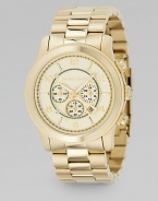 Polished goldtone design gains added functionality from a chronograph face. 45mm stainless steel case Round face Number markers Waterproof up to 10 ATM Second hand Goldplated stainless steel bracelet Quartz movement Imported