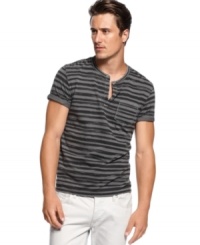 Slight distressing adds a vintage appeal to your t-shirt style with this striped henley from INC International Concepts. Slight distressing adds a vintage appeal to your t-shirt style with this striped henley from INC International Concepts.