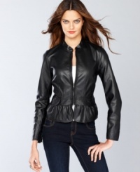 A peplum hem gives this faux leather moto jacket from INC feminine flair. A peplum hem gives this faux leather moto jacket from INC feminine flair.