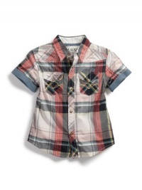 GUESS Kids Boys Sidewinder Shirt with Rollup Cuffs, PLAID (3T) GUESS Kids Boys Sidewinder Shirt with Rollup Cuffs, PLAID (3T)