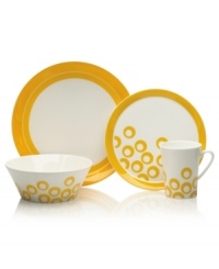 Circle 'round the table for a taste of retro fun! From Mikasa dinnerware, dishes from the Circle Chic Yellow porcelain place settings feature rings of cheerful yellow that bounce playfully around in a mod pattern for festive everyday meals and entertaining. Colorful rims brighten plates while accompanying pieces share a stylish flare. (Clearance) Circle 'round the table for a taste of retro fun! From Mikasa dinnerware, dishes from the Circle Chic Yellow porcelain place settings feature rings of cheerful yellow that bounce playfully around in a mod pattern for festive everyday meals and entertaining. Colorful rims brighten plates while accompanying pieces share a stylish flare. (Clearance)