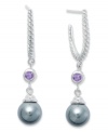 The perfect blend of sparkle and polish. These sterling silver hoop earrings feature round-cut amethyst (1/4 ct. t.w.) and grey shell pearls (8mm). Approximate drop: 3/4 inch.