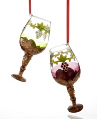 Add even more cheer to the season with wine glass ornaments featuring an elegant grapevine motif and elaborate bronze stems. Add even more cheer to the season with wine glass ornaments featuring an elegant grapevine motif and elaborate bronze stems.