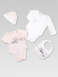 The perfect baby girl gift set with two bodysuits, hat and bib in ultra-soft cotton, adorned with Gucci logo print. Bodysuits CrewneckShort and long sleevesBack snapsBottom snaps Bib Adjustable snaps closureCottonMachine washMade in Italy Please note: Number of snaps may vary depending on size ordered. The perfect baby girl gift set with two bodysuits, hat and bib in ultra-soft cotton, adorned with Gucci logo print. Bodysuits CrewneckShort and long sleevesBack snapsBottom snaps Bib Adjustable snaps closureCottonMachine washMade in Italy Please note: Number of snaps may vary depending on size ordered.