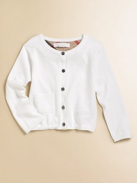 A classic sweater with Burberry touches, perfect atop her pretty dresses, skirts or even her jeans.Ribbed crew necklineButton frontEmbroidered tonal chest logoRibbed patch pocketLong sleeves with ribbed cuffsRibbed hemCottonHand washImported Please note: Number of buttons may vary depending on size ordered. 