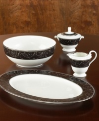 Make an unabashedly dramatic statement at your table with the soup bowl (not shown) from the Mikasa Elegant Scroll Dinnerware Collection, which plays a lively vine pattern against a deep ebony background. Make an unabashedly dramatic statement at your table with the soup bowl (not shown) from the Mikasa Elegant Scroll Dinnerware Collection, which plays a lively vine pattern against a deep ebony background.