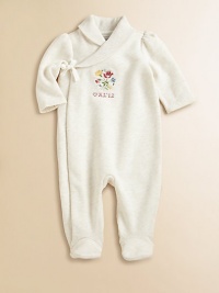 This essential footed coverall is rendered in soft, plush fleece with a cozy shawl collar and pretty embroidery for extra warmth and style.Shawl collarLong sleeves with scalloped embroideryEnclosed snap placket and tieBottom snapsCottonMachine washImported Please note: Number of snaps may vary depending on size ordered. This essential footed coverall is rendered in soft, plush fleece with a cozy shawl collar and pretty embroidery for extra warmth and style.Shawl collarLong sleeves with scalloped embroideryEnclosed snap placket and tieBottom snapsCottonMachine washImported Please note: Number of snaps may vary depending on size ordered.