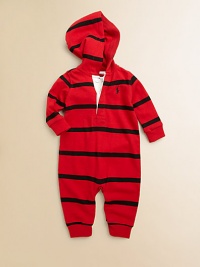 The classic hooded rugby shirt inspired our coverall in soft cotton jersey, authentically finished with a cozy hood and signature stripes.Attached hoodLong sleevesButton-frontBottom snapsCottonMachine washImported Please note: Number of buttons/snaps may vary depending on size ordered. The classic hooded rugby shirt inspired our coverall in soft cotton jersey, authentically finished with a cozy hood and signature stripes.Attached hoodLong sleevesButton-frontBottom snapsCottonMachine washImported Please note: Number of buttons/snaps may vary depending on size ordered.