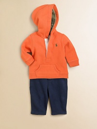 This coordinating athletic set includes a classic hooded fleece pullover and coordinating sweatpant for an authentic sporty look. Hoodie Attached hoodLong sleevesButton-frontKangaroo pocket Pants Elastic waistband with sewn drawstring bowFaux flyAngled pocketsCottonMachine washImported Please note: Number of buttons may vary depending on size ordered. 