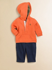 This coordinating athletic set includes a classic hooded fleece pullover and coordinating sweatpant for an authentic sporty look. Hoodie Attached hoodLong sleevesButton-frontKangaroo pocket Pants Elastic waistband with sewn drawstring bowFaux flyAngled pocketsCottonMachine washImported Please note: Number of buttons may vary depending on size ordered. This coordinating athletic set includes a classic hooded fleece pullover and coordinating sweatpant for an authentic sporty look. Hoodie Attached hoodLong sleevesButton-frontKangaroo pocket Pants Elastic waistband with sewn drawstring bowFaux flyAngled pocketsCottonMachine washImported Please note: Number of buttons may vary depending on size ordered.