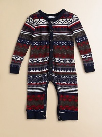 Comfy snap-front silhouette with a rich fair isle-inspired print. V-neckLong sleeves with ribbed cuffsSnap front and bottomCotton/modal/spandexMachine washImported Comfy snap-front silhouette with a rich fair isle-inspired print. V-neckLong sleeves with ribbed cuffsSnap front and bottomCotton/modal/spandexMachine washImported