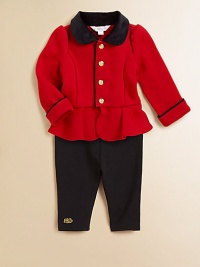 Crest-embellished buttons lend a decidedly grown-up feel to an adorable cotton jacket that comes with a comfy legging. Jacket Peter Pan collarLong sleeves with foldover cuffsButton-frontRuffled hem Leggings Elastic waistbandCottonMachine washImported Please note: number of buttons may vary depending on size ordered. Crest-embellished buttons lend a decidedly grown-up feel to an adorable cotton jacket that comes with a comfy legging. Jacket Peter Pan collarLong sleeves with foldover cuffsButton-frontRuffled hem Leggings Elastic waistbandCottonMachine washImported Please note: number of buttons may vary depending on size ordered.
