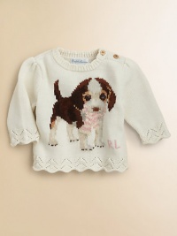 A pretty crewneck with a cute puppy intarsia knit at the front, a slight puff to the sleeves and a pointelle-knit hem.Ribbed crewneckLong sleevesShoulder buttonsScalloped cuffs and hemCottonDry cleanImported Please note: Number of buttons may vary depending on size ordered. 