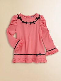 Tiny bows, delicate ribbons and soft ruffles turn a simple knit top into something special.Round banded necklineAppliquéd ribbons with bowsGathering at the shoulders Long scrunched sleeves with ribbons and double-ruffled cuffsRibbon and ruffle at the hemBack buttonsCottonMachine washImported Please note: Number of buttons may vary depending on size ordered. Tiny bows, delicate ribbons and soft ruffles turn a simple knit top into something special.Round banded necklineAppliquéd ribbons with bowsGathering at the shoulders Long scrunched sleeves with ribbons and double-ruffled cuffsRibbon and ruffle at the hemBack buttonsCottonMachine washImported Please note: Number of buttons may vary depending on size ordered.