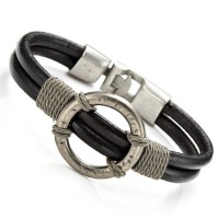Stunning Mens Black Roman Style Leather Steel Bracelet Cuff Stunning Mens Black Roman Style Leather Steel Bracelet Cuff