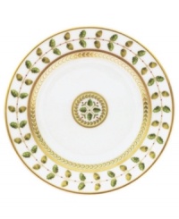 For any elegant holiday affair, dinner plates from the Bernardaud Constance Dinnerware Collection make for timeless presentation of your seasonal fare. Ornate design inspired by the Empire Period with gold outlined acorn and oak leaves that symbolize strength and longevity. A dash a sage rims each piece behind a golden laurel vine while touches of red with gold trim further complement the pattern. For any elegant holiday affair, dinner plates from the Bernardaud Constance Dinnerware Collection make for timeless presentation of your seasonal fare. Ornate design inspired by the Empire Period with gold outlined acorn and oak leaves that symbolize strength and longevity. A dash a sage rims each piece behind a golden laurel vine while touches of red with gold trim further complement the pattern.