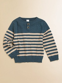 A lightweight, striped Henley knit is the perfect addition to your little man's cool-weather wardrobe.CrewneckLong sleevesButton-frontRibbed cuffs and hemCottonMachine washImported Please note: Number of buttons may vary depending on size ordered. A lightweight, striped Henley knit is the perfect addition to your little man's cool-weather wardrobe.CrewneckLong sleevesButton-frontRibbed cuffs and hemCottonMachine washImported Please note: Number of buttons may vary depending on size ordered.