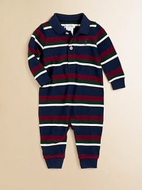 The classic polo shirt becomes an adorably preppy long-sleeved coverall in breathable striped cotton mesh.Ribbed polo collarLong sleevesButton-frontBottom snapsCottonMachine washImported Please note: Number of snaps may vary depending on size ordered. The classic polo shirt becomes an adorably preppy long-sleeved coverall in breathable striped cotton mesh.Ribbed polo collarLong sleevesButton-frontBottom snapsCottonMachine washImported Please note: Number of snaps may vary depending on size ordered.