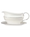 A sweet lace pattern combines with platinum borders to add graceful elegance to your tabletop. The classic shape and pristine white shade make this sauce boat a timeless addition to any meal. From Lenox's collection of dinnerware and dishes.