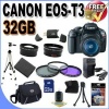 Canon EOS Rebel T3 12.2 MP CMOS Digital SLR with 18-55mm IS II Lens (Black)+58mm 2x Telephoto lens + 58mm Wide Angle Lens (3 Lens Kit!!!) W/32GB SDHC Memory +Extra Battery/Charger+3 PIece Filter Kit+Case+Full Size Tripod+Accessory Kit