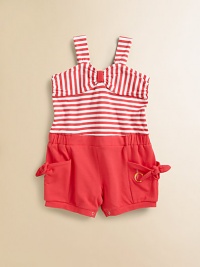Nautical-inspired stripes adorn the bodice of this vivid, ultra-stylish one-piece in a plush cotton-blend with side ties and bottom snaps for easy on and off.Sweetheart necklineWide strapsWide strapsElastic waistSide patch pocketsBottom snaps94% cotton/6% spandexMachine washImported Nautical-inspired stripes adorn the bodice of this vivid, ultra-stylish one-piece in a plush cotton-blend with side ties and bottom snaps for easy on and off.Sweetheart necklineWide strapsWide strapsElastic waistSide patch pocketsBottom snaps94% cotton/6% spandexMachine washImported