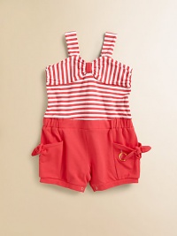 Nautical-inspired stripes adorn the bodice of this vivid, ultra-stylish one-piece in a plush cotton-blend with side ties and bottom snaps for easy on and off.Sweetheart necklineWide strapsWide strapsElastic waistSide patch pocketsBottom snaps94% cotton/6% spandexMachine washImported