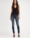 Your go-to for eternally chic denim, these soft skinnies are whiskered and distressed for major worn-in appeal. THE FITMedium rise, about 7½Inseam, about 32THE DETAILSZip flyFive-pocket styleCotton/elastaneMachine washMade in USA of imported fabricModel shown is 5'11 (178cm) wearing US size 4.