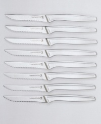 Slick and sleek with clean lines, the blades in this eight-piece knife set never need sharpening thanks to a serrated cutting edge. Continuous stainless steel blades and handles resist corrosion. One-piece construction assures dependability. Dishwasher safe. Lifetime warranty. Model 3909-800. Slick and sleek with clean lines, the blades in this eight-piece knife set never need sharpening thanks to a serrated cutting edge. Continuous stainless steel blades and handles resist corrosion. One-piece construction assures dependability. Dishwasher safe. Lifetime warranty. Model 3909-800.