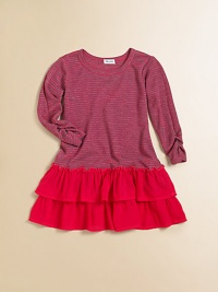 The perfect day dress with a comfy ribbed top, ruched sleeves and darling ruffle skirt.CrewneckLong sleeves with ruchingPull-on styleTwo-tiered ruffle hem50% polyester/25% pima cotton/25% modalMachine washImported The perfect day dress with a comfy ribbed top, ruched sleeves and darling ruffle skirt.CrewneckLong sleeves with ruchingPull-on styleTwo-tiered ruffle hem50% polyester/25% pima cotton/25% modalMachine washImported