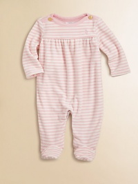 The classic pony-embroidered footed coverall is updated in soft, striped velour for plush warmth.Ribbed boatneckLong sleevesShoulder buttonsGathered empire waistBottom snaps80% cotton/20% polyesterMachine washImported Please note: Number of buttons/snaps may vary depending on size ordered. The classic pony-embroidered footed coverall is updated in soft, striped velour for plush warmth.Ribbed boatneckLong sleevesShoulder buttonsGathered empire waistBottom snaps80% cotton/20% polyesterMachine washImported Please note: Number of buttons/snaps may vary depending on size ordered.