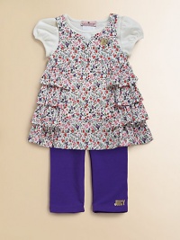A pretty coordinating set includes a floral jumper, a basic tee and matching leggings for a sweet ensemble. Jumper Crewneck with v-neck slitSleevelessBack keyhole buttonSide rufflesCotton TeeCrewneckShort capped sleevesCotton Leggings Elastic WaistbandMachine washImported A pretty coordinating set includes a floral jumper, a basic tee and matching leggings for a sweet ensemble. Jumper Crewneck with v-neck slitSleevelessBack keyhole buttonSide rufflesCotton TeeCrewneckShort capped sleevesCotton Leggings Elastic WaistbandMachine washImported