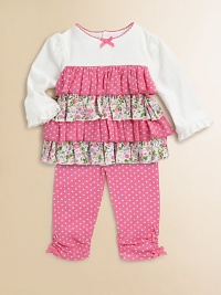 Ruffly tiers alternate from pretty posies to perky polka dots in this charming knit top, paired with dotted pants, scrunched at the ankles. TopRound neckline with scalloped embroidered trim and a tiny bowSoftly gathered shouldersLong sleeves with ruffled cuffsTiered bodyBack buttons Pants Elastic waistbandSlim fitScrunched ankles with bowsCottonMachine washImported Please note: Number of buttons may vary depending on size ordered. Ruffly tiers alternate from pretty posies to perky polka dots in this charming knit top, paired with dotted pants, scrunched at the ankles. TopRound neckline with scalloped embroidered trim and a tiny bowSoftly gathered shouldersLong sleeves with ruffled cuffsTiered bodyBack buttons Pants Elastic waistbandSlim fitScrunched ankles with bowsCottonMachine washImported Please note: Number of buttons may vary depending on size ordered.