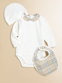 A classic cotton knit bodysuit, bib and hat accented with a soft-toned classic check pattern.Peter Pan collarLong sleevesBack snapsBottom snapsCottonMachine washImported Please note: Number of snaps may vary depending on size ordered. A classic cotton knit bodysuit, bib and hat accented with a soft-toned classic check pattern.Peter Pan collarLong sleevesBack snapsBottom snapsCottonMachine washImported Please note: Number of snaps may vary depending on size ordered.