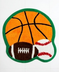 Everybody wins when bath time becomes fun! The Play Ball bath rug scores big with basketball, football and baseball graphics in soft, tufted cotton. Everybody wins when bath time becomes fun! The Play Ball bath rug scores big with basketball, football and baseball graphics in soft, tufted cotton.