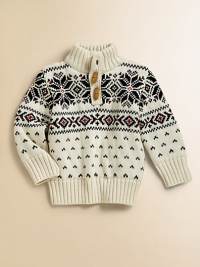An intarsia-knit snowflake pattern adorns this mockneck collar Toggle Sweater for the perfect seasonal layering piece.Ribbed mockneckLong sleevesWooden toggle closureRibbed hemCotton/WoolHand washImported Please note: Number of buttons/snaps may vary depending on size ordered. An intarsia-knit snowflake pattern adorns this mockneck collar Toggle Sweater for the perfect seasonal layering piece.Ribbed mockneckLong sleevesWooden toggle closureRibbed hemCotton/WoolHand washImported Please note: Number of buttons/snaps may vary depending on size ordered.