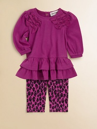 A charming, two-piece set pairs a ruffled, bow-adorned top with matching leopard print leggings. Top CrewneckLong puff sleevesBack snapsRuffled hemLeggings Elastic waistbandHoodie: CottonLeggings: 96% cotton/4% spandexMachine washImported A charming, two-piece set pairs a ruffled, bow-adorned top with matching leopard print leggings. Top CrewneckLong puff sleevesBack snapsRuffled hemLeggings Elastic waistbandHoodie: CottonLeggings: 96% cotton/4% spandexMachine washImported