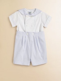 A charming, sailor-inspired set includes a pique button-down shirt and pleated seersucker shorts for a nautical ensemble. Shirt Rounded collar with striped trimShort sleeves with striped trimDouble-breasted button-front with striped trim50% polyester/50% cotton Shorts Button-on shorts Elastic waistbandSlightly pleated67% polyester/33% cottonMachine washImported Please note: Number of buttons/snaps may vary depending on size ordered. A charming, sailor-inspired set includes a pique button-down shirt and pleated seersucker shorts for a nautical ensemble. Shirt Rounded collar with striped trimShort sleeves with striped trimDouble-breasted button-front with striped trim50% polyester/50% cotton Shorts Button-on shorts Elastic waistbandSlightly pleated67% polyester/33% cottonMachine washImported Please note: Number of buttons/snaps may vary depending on size ordered.
