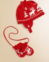 A vintage-inspired intarsia-knit moose design imbues a cozy hat-and-mitten set with classic seasonal style.Hat fastens beneath the chin with adjustable button strapPull-on mittens without thumbs and connecting stringCottonMachine washImported