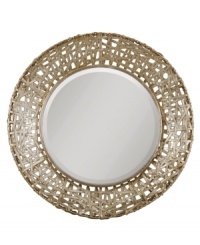 Mimicking the look of woven rattan, the Alita mirror's frame is wrought of thin strips of hand-forged metal. The champagne-colored finish and antique staining lends a graceful lightness to the frame, perfect for rooms where you want to create a relaxed mood. Mimicking the look of woven rattan, the Alita mirror's frame is wrought of thin strips of hand-forged metal. The champagne-colored finish and antique staining lends a graceful lightness to the frame, perfect for rooms where you want to create a relaxed mood.