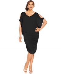 Nine West's plus size dress delivers show-stopping style with a split-sleeve, blouson-style bodice and a fitted ruched skirt. Beaded trim at the neck and cuffs adds an element of sparkle to the look. Nine West's plus size dress delivers show-stopping style with a split-sleeve, blouson-style bodice and a fitted ruched skirt. Beaded trim at the neck and cuffs adds an element of sparkle to the look.