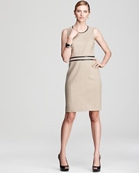 Faux-leather trim roughens up the sleek silhouette of this BOSS Black dress. Accent the style with a crisp blazer for razor-sharp style. Faux-leather trim roughens up the sleek silhouette of this BOSS Black dress. Accent the style with a crisp blazer for razor-sharp style.