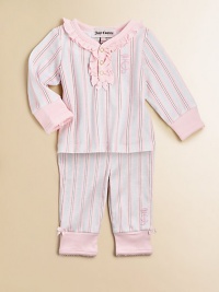 A charming two-piece cotton set for your little princess adorned with ruffles, scalloped trim and pretty stripes. Shirt Ruffled V-neckLong sleeves with scalloped cuffsSnap-front Pants Elastic waistbandSeat rufflesCottonMachine washImported Please note: Number of snaps may vary depending on size ordered. 