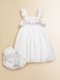 Perfect for special occasions or a little fun in the sun, a charming cotton dress is embellished with dainty ruffles and eyelet embroidery for sweet style.SquareneckShoulder straps with eyelet trimBack buttonsShirred empire waistRuffled hemCottonMachine washImported Please note: Number of buttons may vary depending on size ordered. Perfect for special occasions or a little fun in the sun, a charming cotton dress is embellished with dainty ruffles and eyelet embroidery for sweet style.SquareneckShoulder straps with eyelet trimBack buttonsShirred empire waistRuffled hemCottonMachine washImported Please note: Number of buttons may vary depending on size ordered.