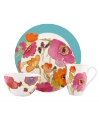 Mixing Impressionistic florals with exciting color, the Floral Fusion place settings from Lenox offer a modern look for the classic at heart. Gold tones highlight each blossom while a bold band of aqua accents the salad plate to create a captivating table arrangement. Mixing Impressionistic florals with exciting color, the Floral Fusion place settings from Lenox offer a modern look for the classic at heart. Gold tones highlight each blossom while a bold band of aqua accents the salad plate to create a captivating table arrangement.