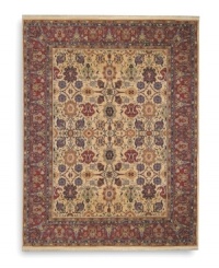 Patterned on an antique Mahal carpet design, this rug showcases the intricate beauty of flowers, leaves, vines, vases and palmettes on a soft ivory ground. A special dyeing process imparts rich, subtle gradations to a color palette that includes ivory, caramel, terra cotta, blues and soft greens. Woven in the USA of New Zealand premium worsted wool for indulgent softness. Patterned on an antique Mahal carpet design, this rug showcases the intricate beauty of flowers, leaves, vines, vases and palmettes on a soft ivory ground. A special dyeing process imparts rich, subtle gradations to a color palette that includes ivory, caramel, terra cotta, blues and soft greens. Woven in the USA of New Zealand premium worsted wool for indulgent softness.
